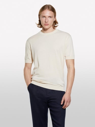  Erkek Açık Sarı %100 Pamuk Ribana Detaylı Kısa Kollu Kazak