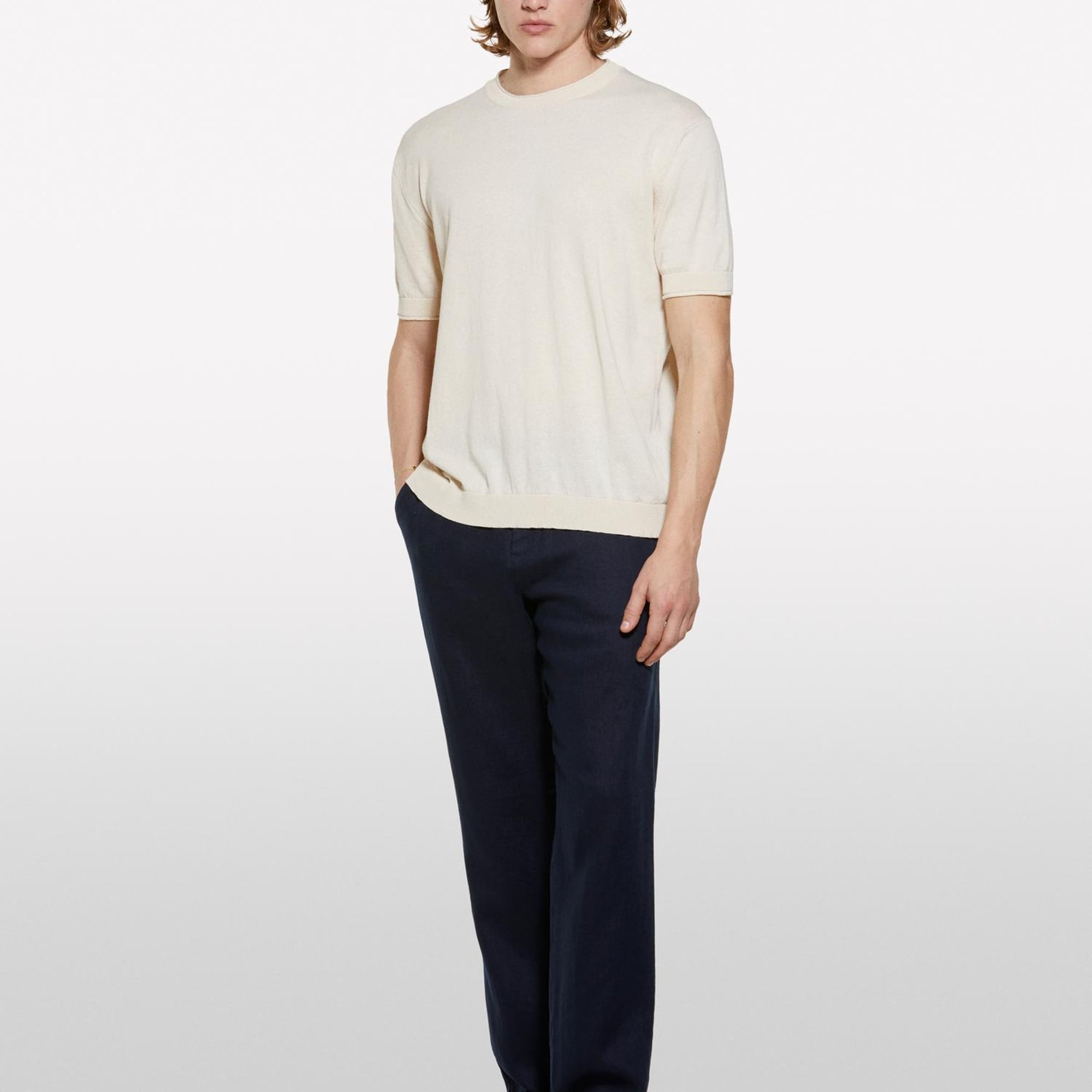 Erkek Açık Sarı %100 Pamuk Ribana Detaylı Kısa Kollu Kazak