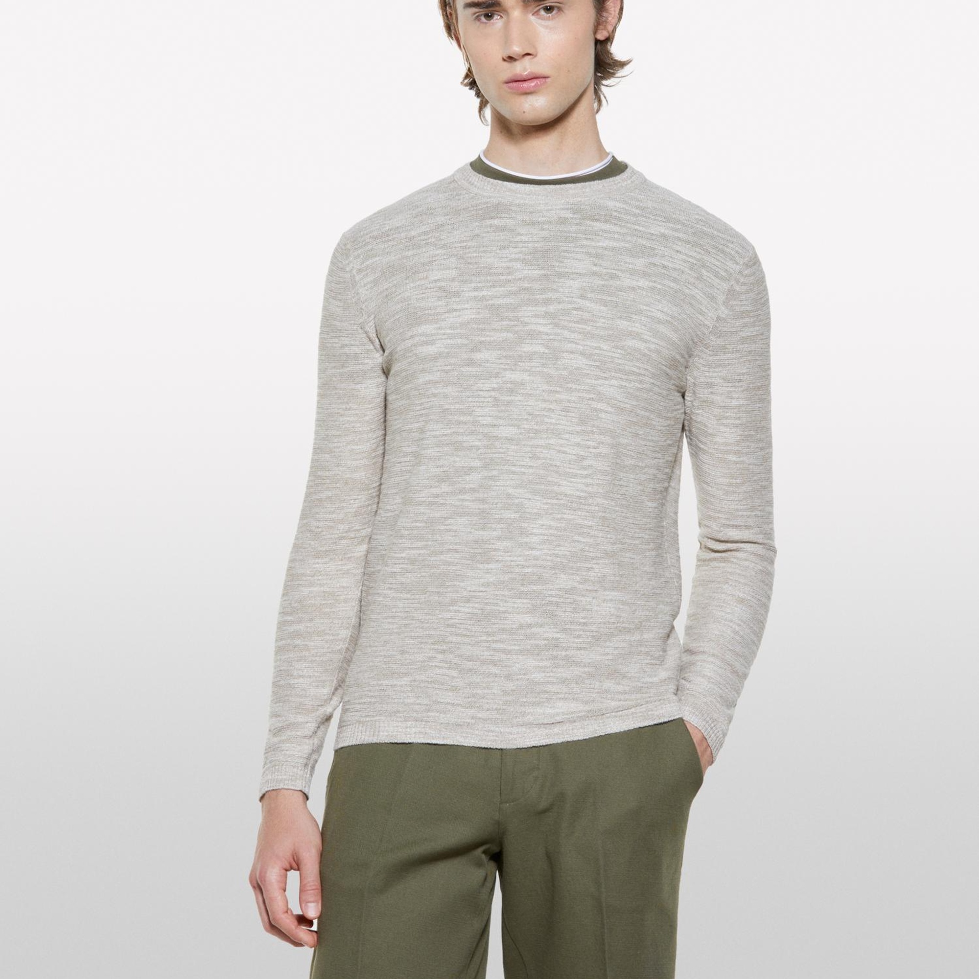 Erkek Krem Pamuk Karışımlı Uzun Kollu Bisiklet Yaka Kazak