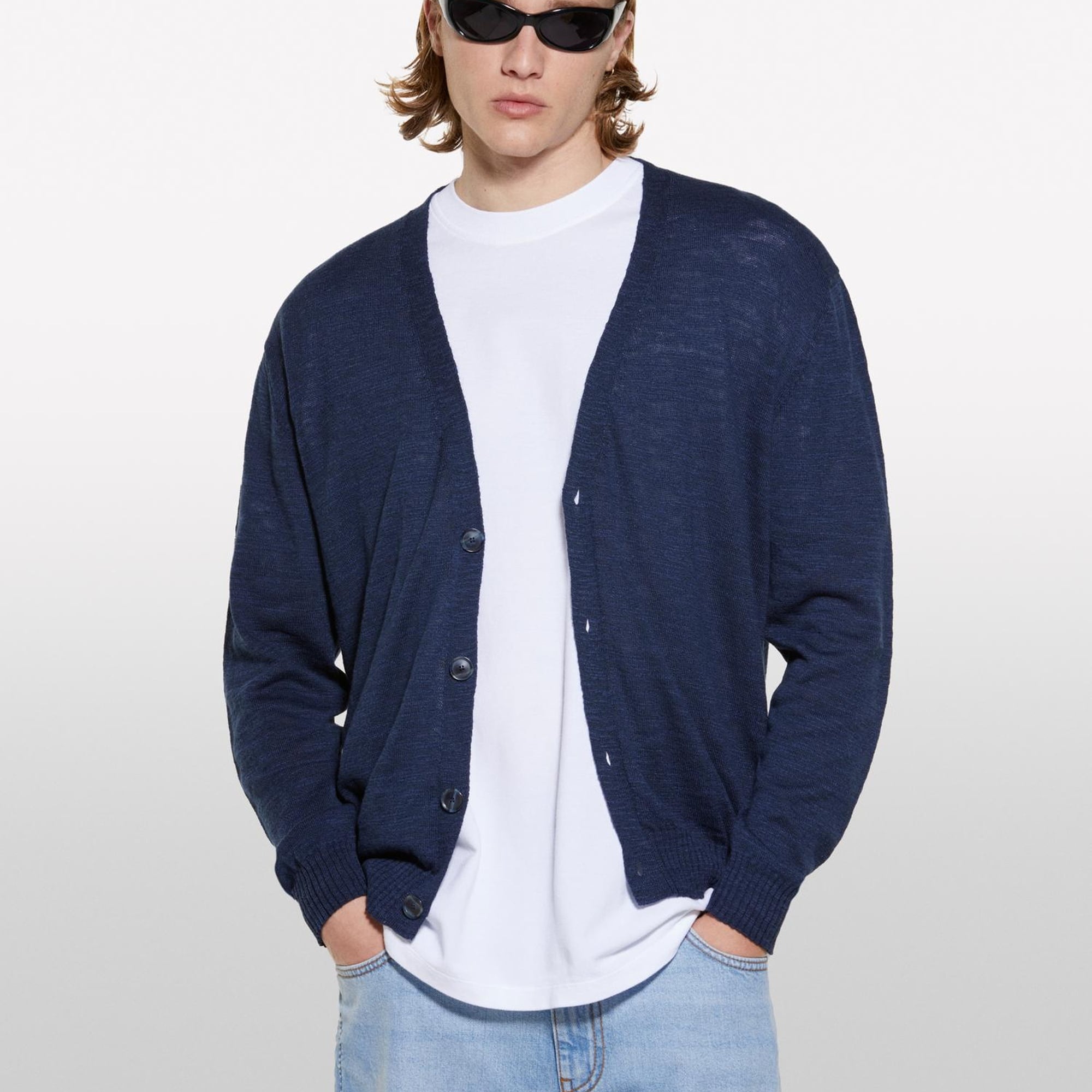 Erkek Lacivert %100 Pamuk Manşet Detaylı Önü Düğmeli Hırka