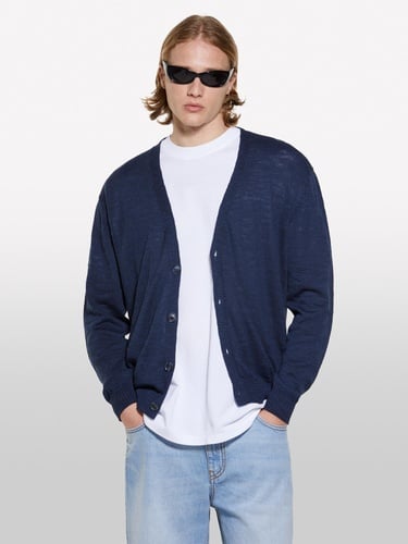  Erkek Lacivert %100 Pamuk Manşet Detaylı Önü Düğmeli Hırka