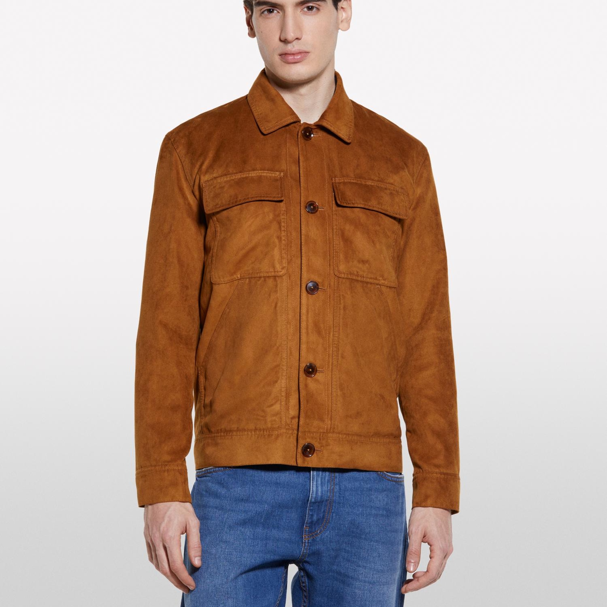 Erkek Vizon Suni Süet Regular Fit Harrington Ceket