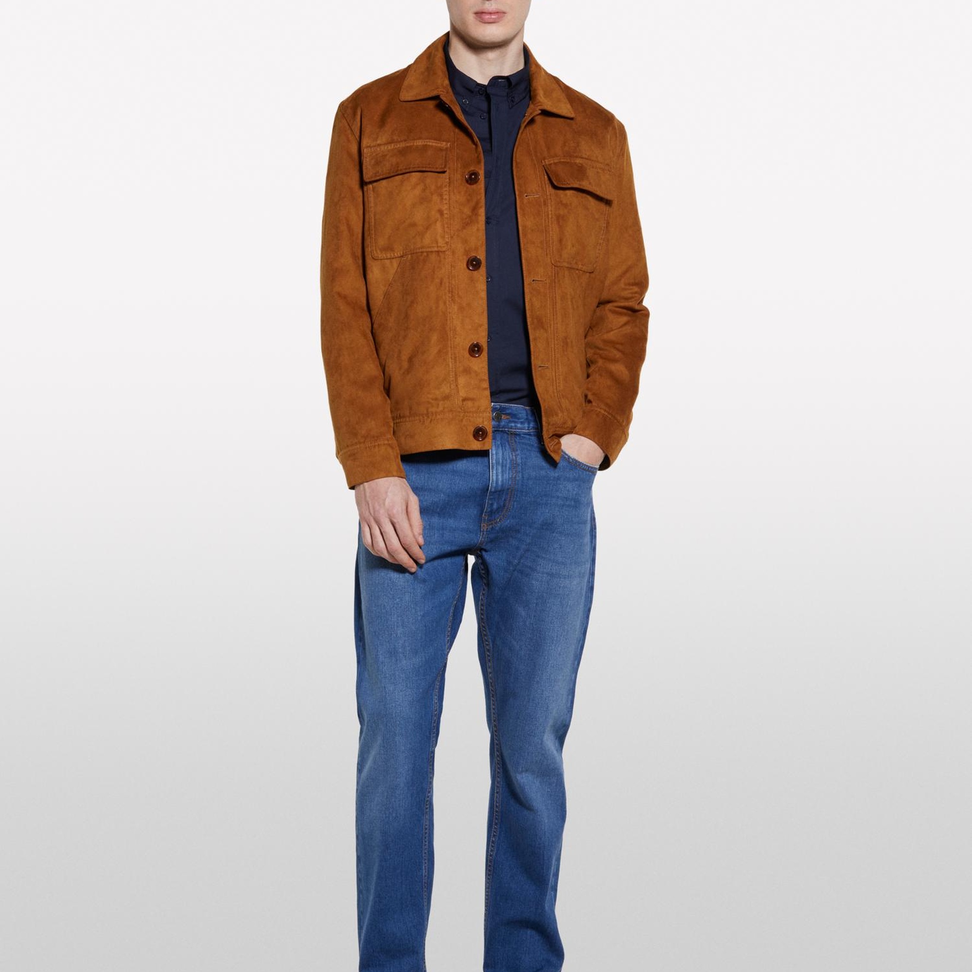 Erkek Vizon Suni Süet Regular Fit Harrington Ceket