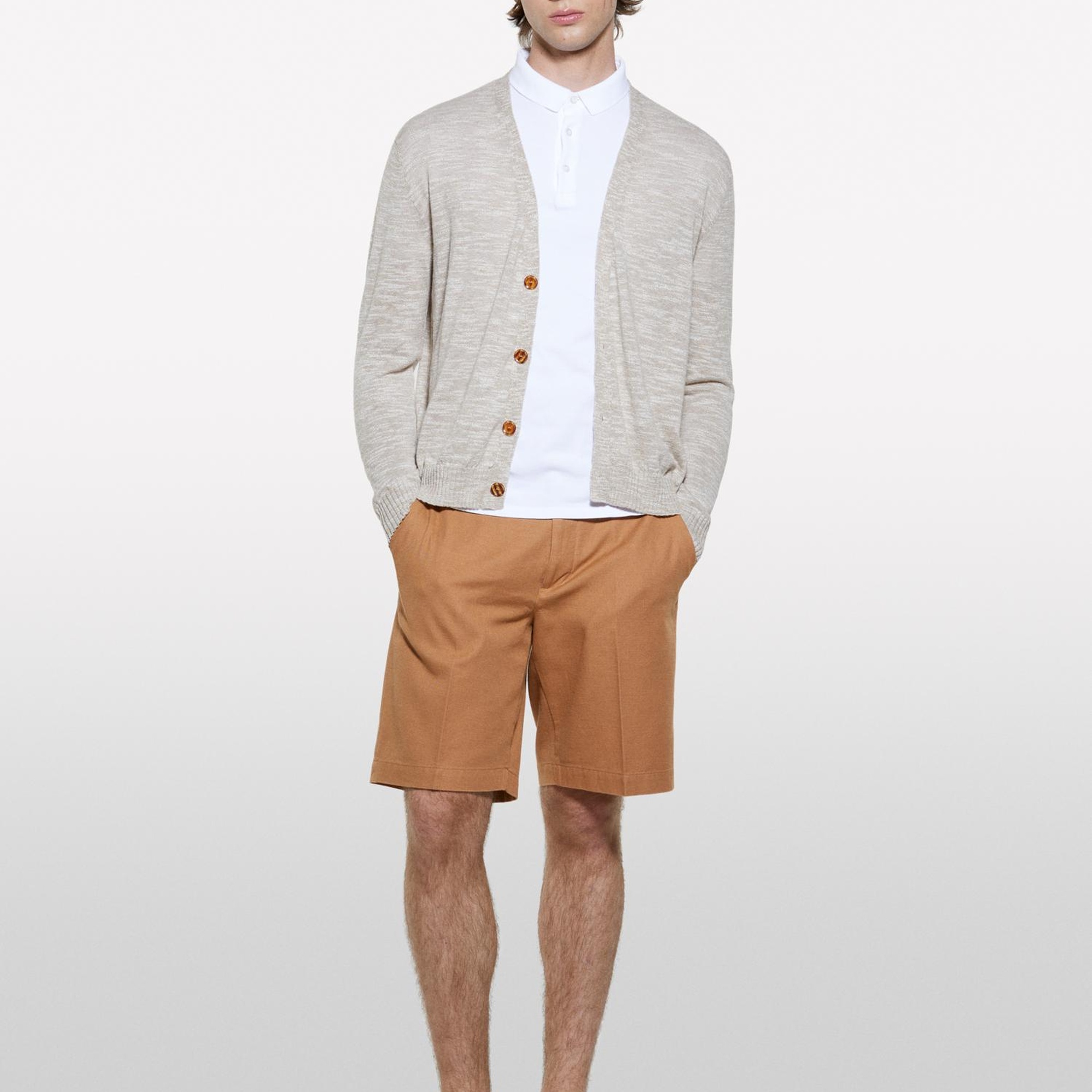 Erkek Krem %100 Pamuk Manşet Detaylı Önü Düğmeli Hırka