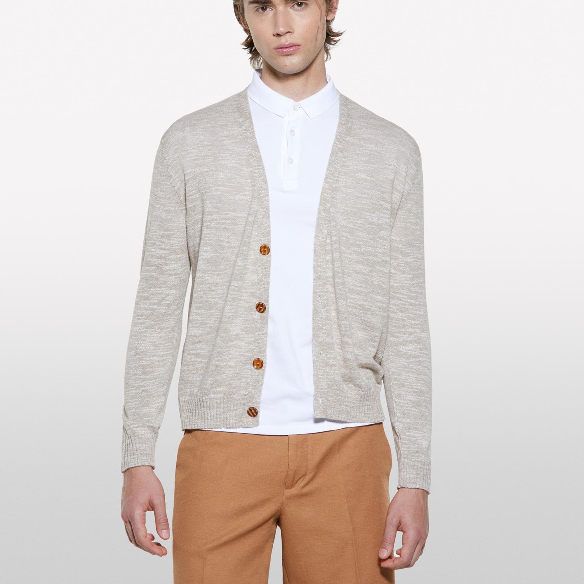 Erkek Krem %100 Pamuk Manşet Detaylı Önü Düğmeli Hırka