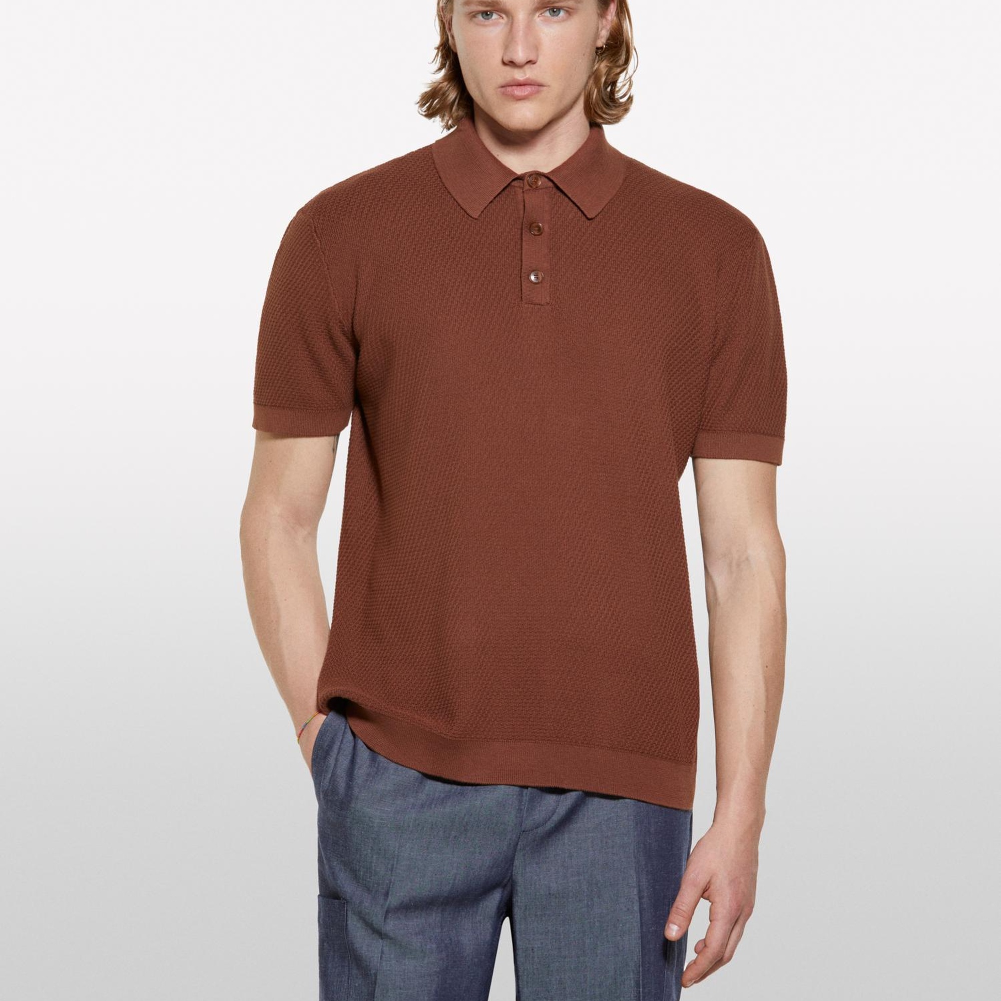 Erkek Kahverengi %100 Pamuk Triko Polo T-Shirt