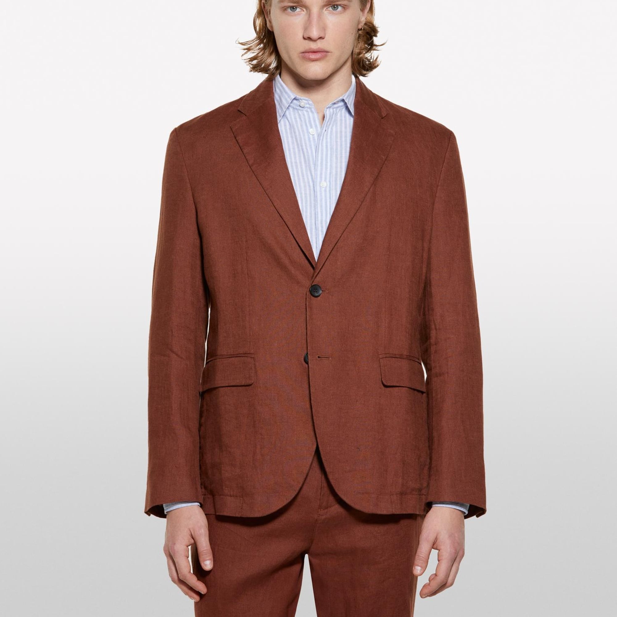 Erkek Kahverengi %100 Keten Astarsız Rahat Kalıp Ceket