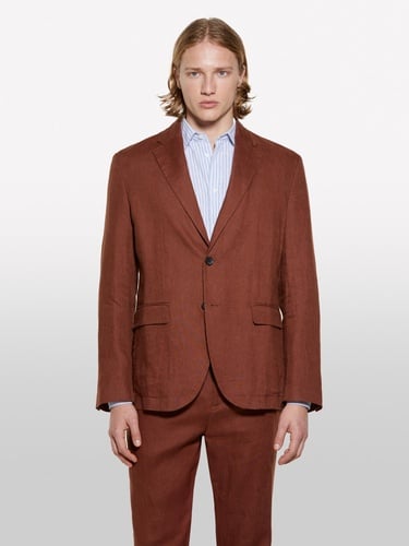  Erkek Kahverengi %100 Keten Astarsız Rahat Kalıp Ceket