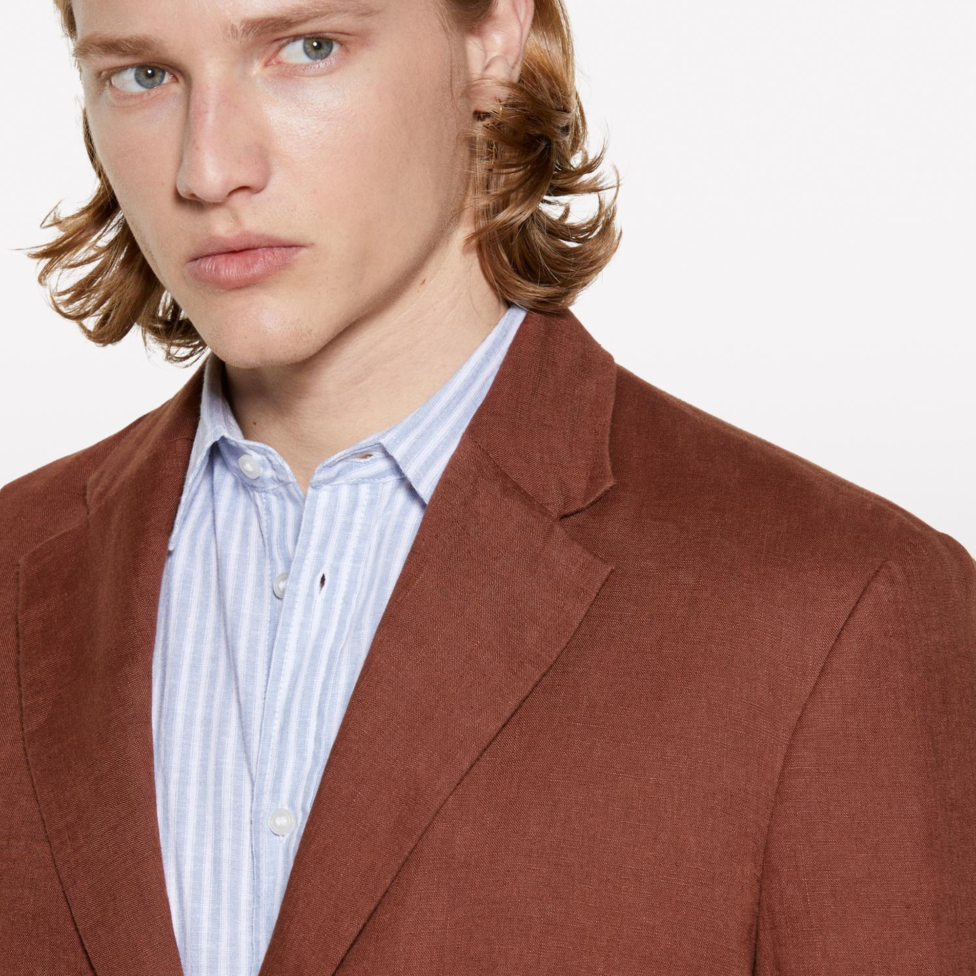 Erkek Kahverengi %100 Keten Astarsız Rahat Kalıp Ceket