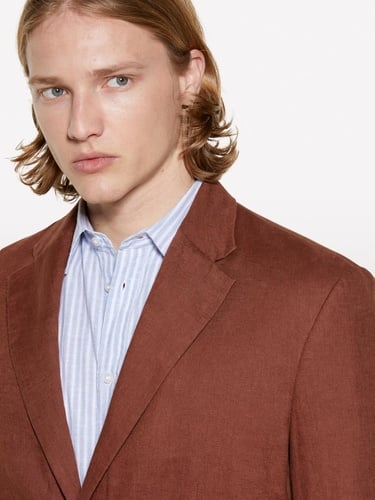  Erkek Kahverengi %100 Keten Astarsız Rahat Kalıp Ceket