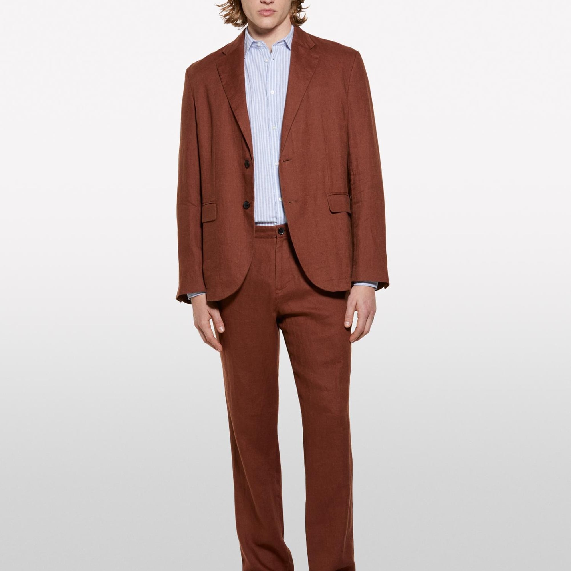 Erkek Kahverengi %100 Keten Astarsız Rahat Kalıp Ceket