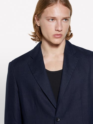  Erkek Koyu Lacivert %100 Keten Astarsız Rahat Kalıp Ceket