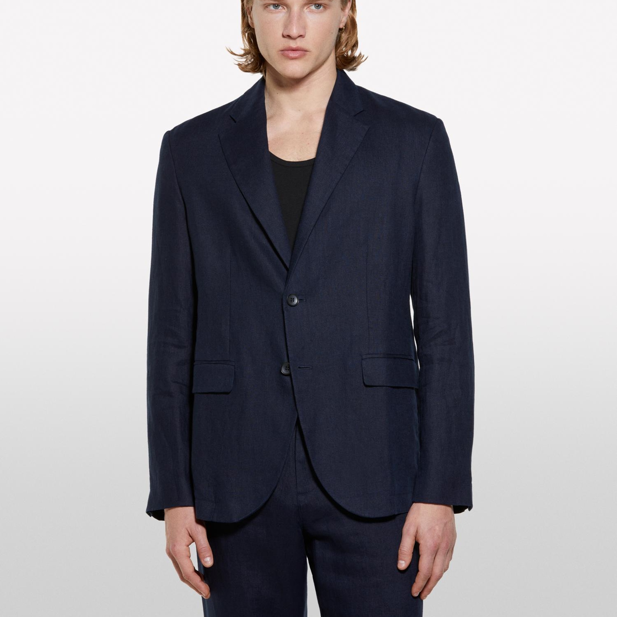 Erkek Koyu Lacivert %100 Keten Astarsız Rahat Kalıp Ceket