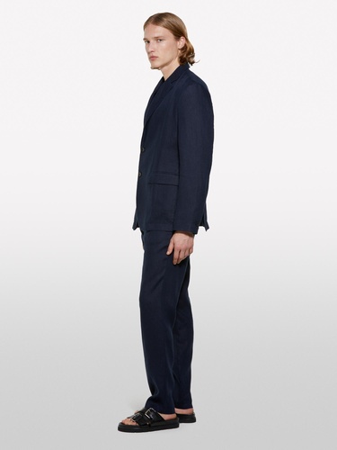  Erkek Koyu Lacivert %100 Keten Astarsız Rahat Kalıp Ceket