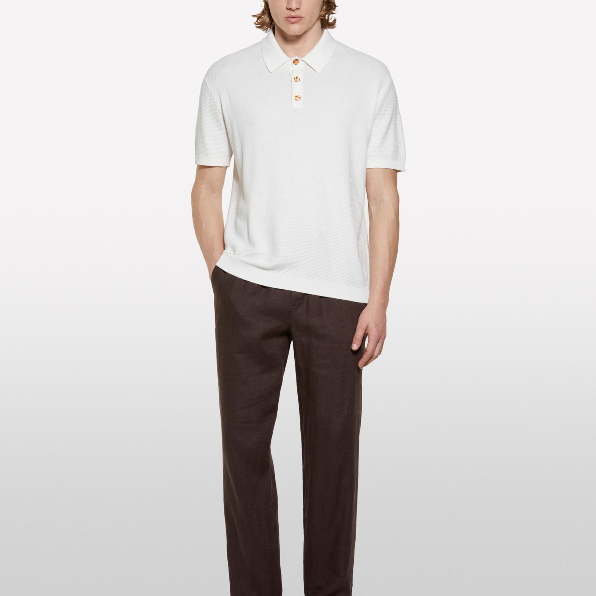 Erkek Açık Krem %100 Pamuk Triko Polo T-Shirt