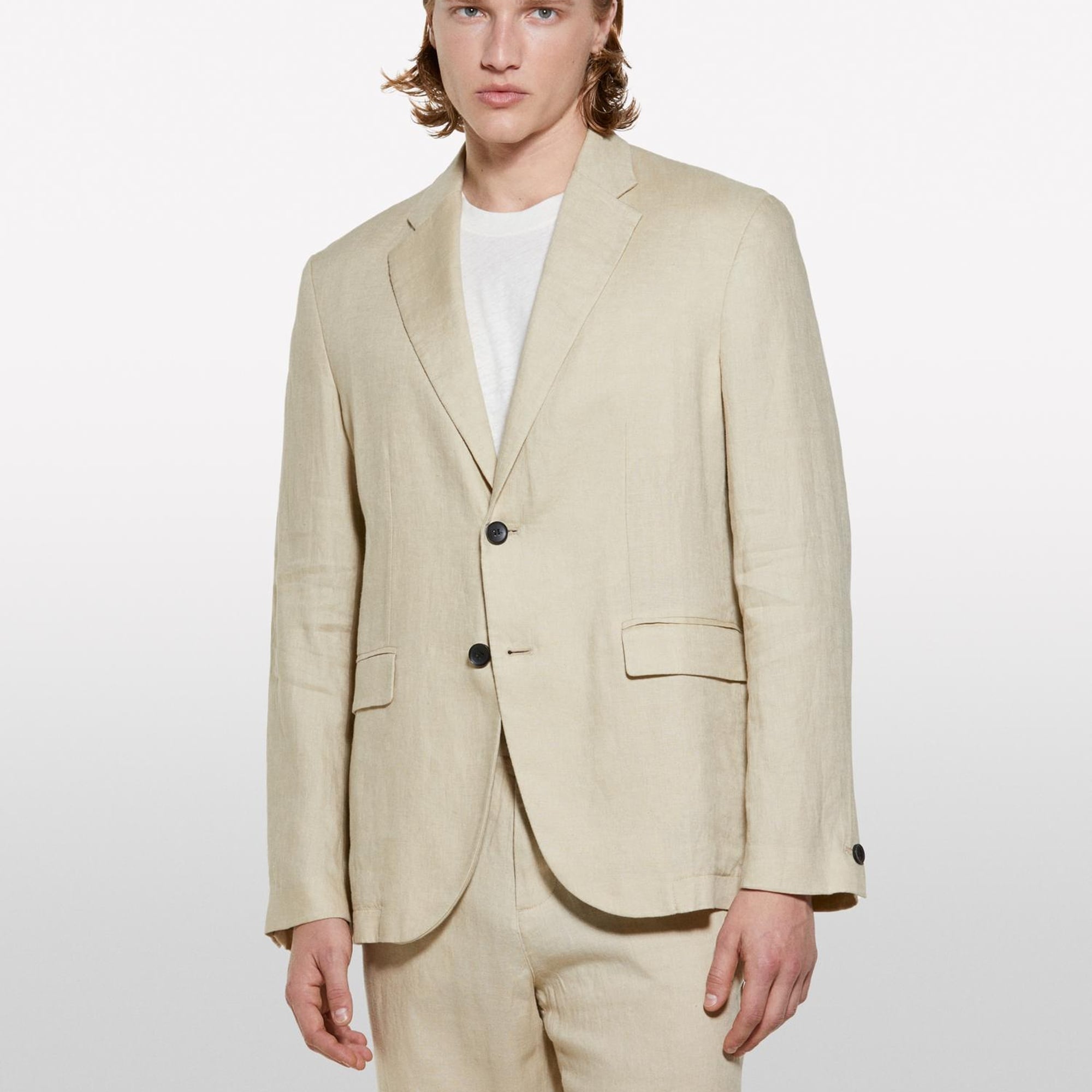 Erkek Bej %100 Keten Astarsız Rahat Kalıp Ceket