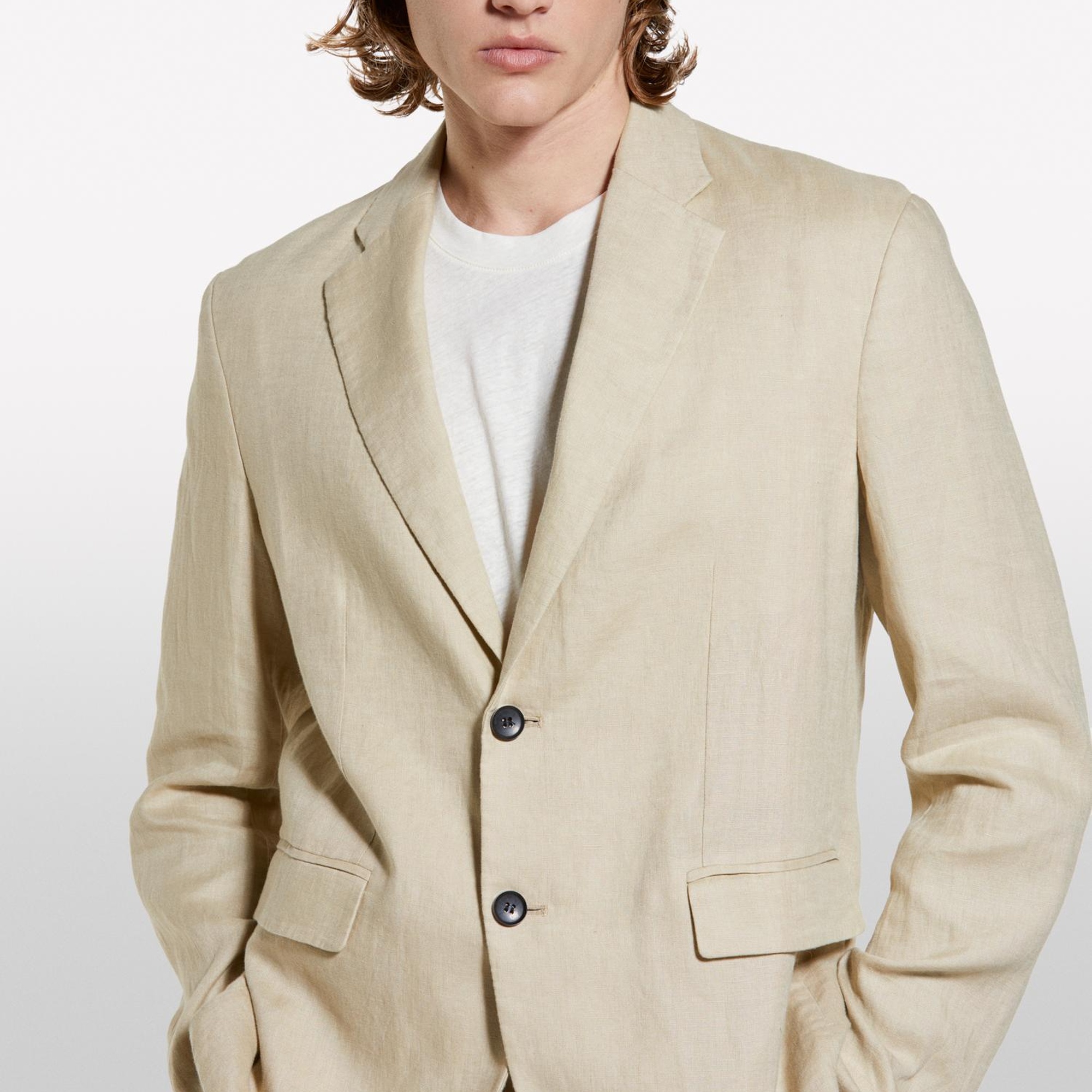 Erkek Bej %100 Keten Astarsız Rahat Kalıp Ceket