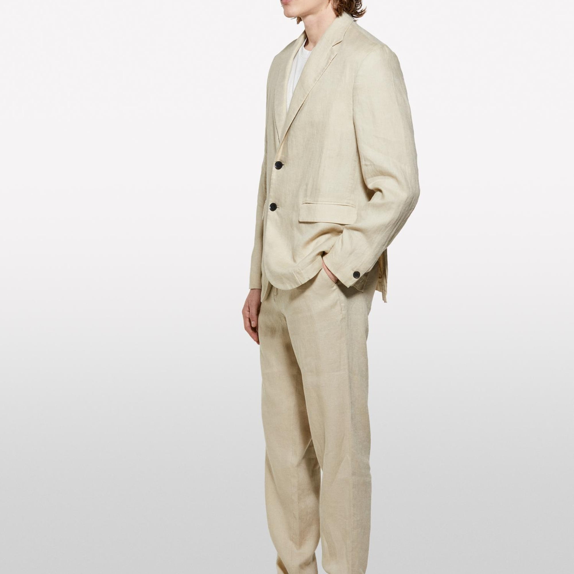 Erkek Bej %100 Keten Astarsız Rahat Kalıp Ceket