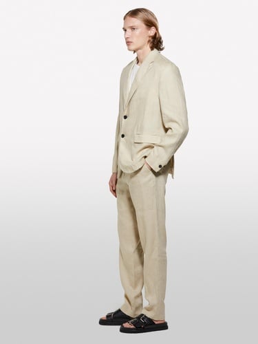  Erkek Bej %100 Keten Astarsız Rahat Kalıp Ceket