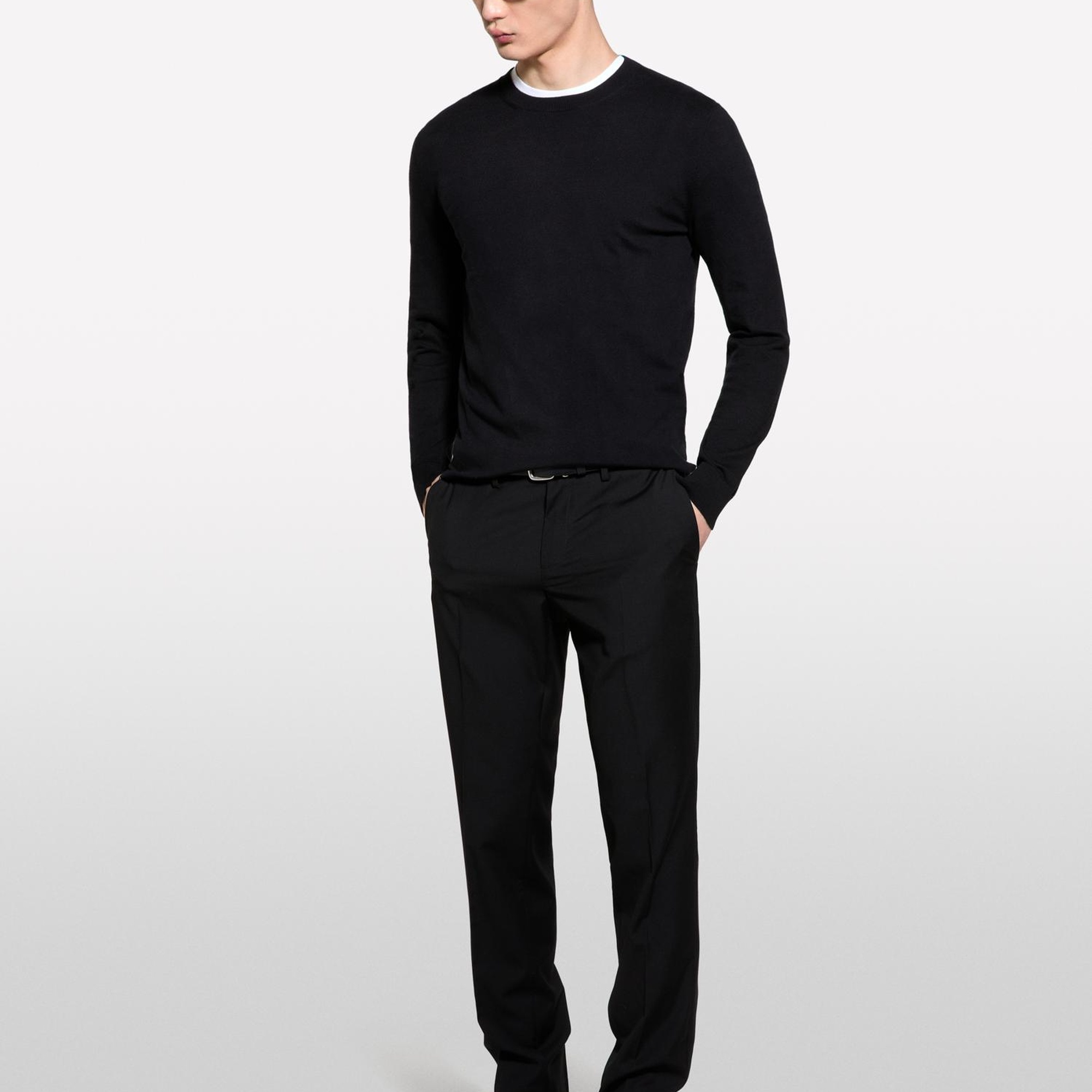 Erkek Siyah Pamuk Karışımlı Normal Kesim Uzun Kollu Ribanalı Kazak