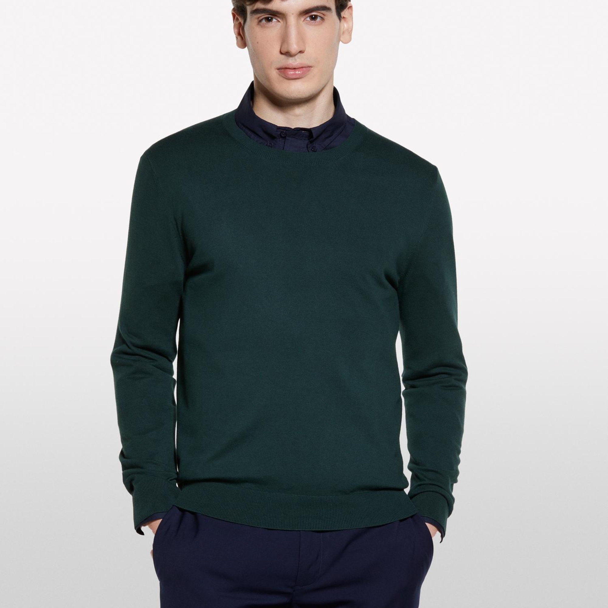 Erkek Koyu Yeşil Pamuk Karışımlı Normal Kesim Uzun Kollu Ribanalı Kazak