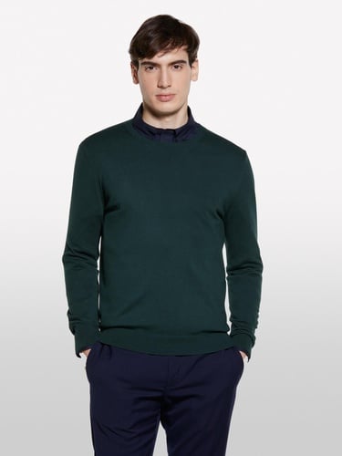  Erkek Koyu Yeşil Pamuk Karışımlı Normal Kesim Uzun Kollu Ribanalı Kazak