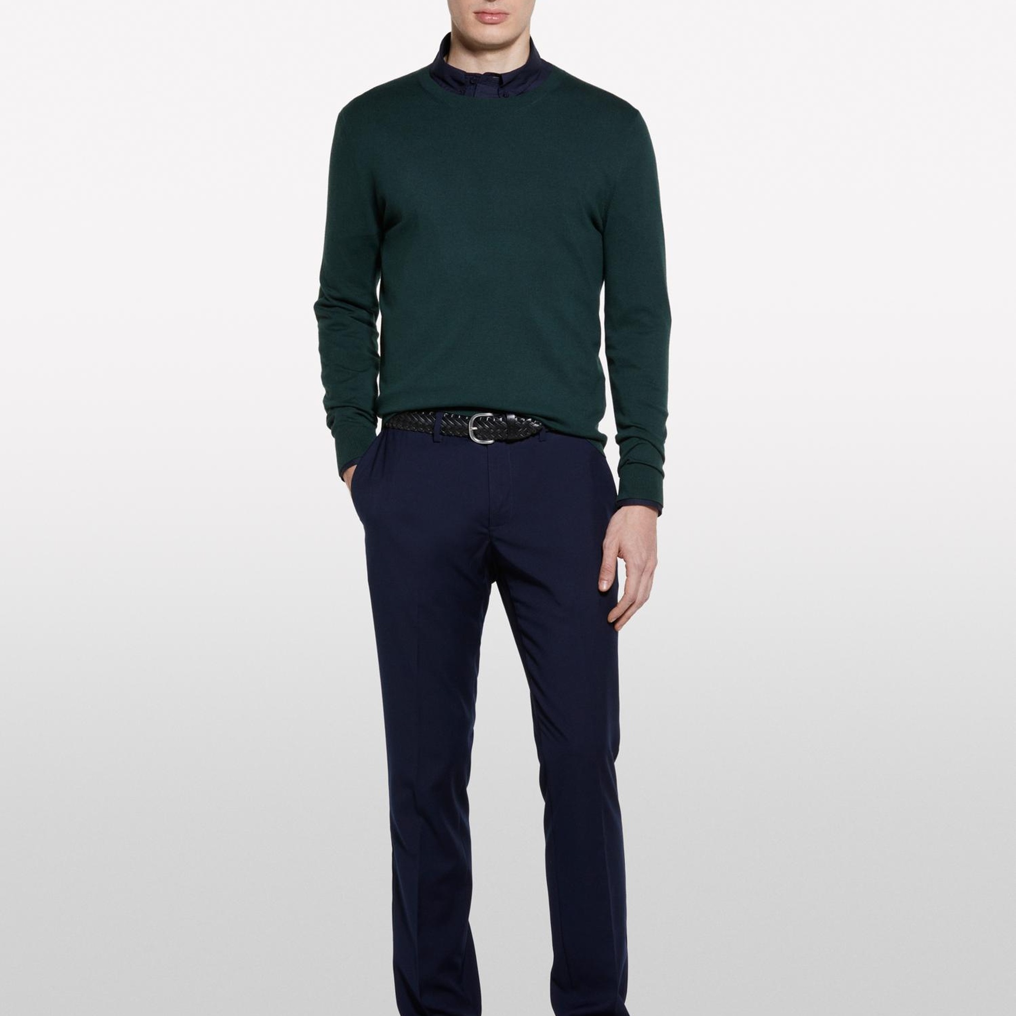 Erkek Koyu Yeşil Pamuk Karışımlı Normal Kesim Uzun Kollu Ribanalı Kazak