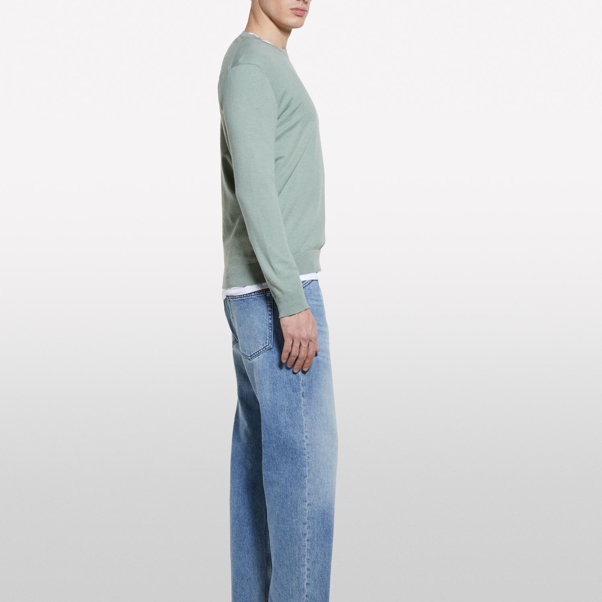 Erkek Haki Pamuk Karışımlı Normal Kesim Uzun Kollu Ribanalı Kazak