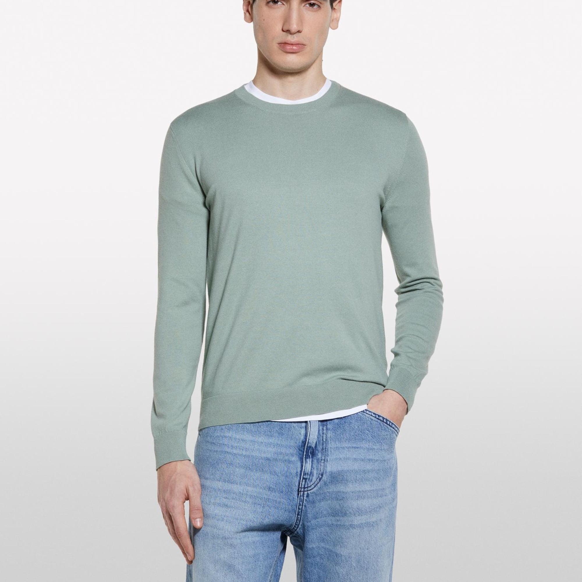 Erkek Haki Pamuk Karışımlı Normal Kesim Uzun Kollu Ribanalı Kazak