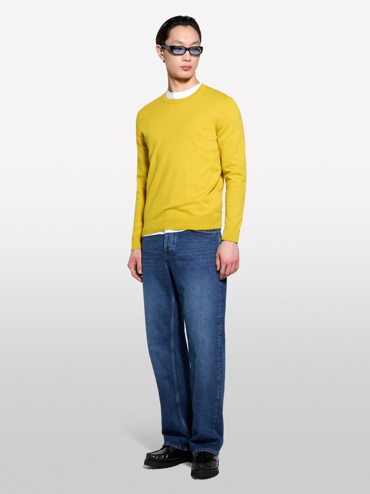  Erkek Hardal Sarı Pamuk Karışımlı Normal Kesim Uzun Kollu Ribanalı Kazak