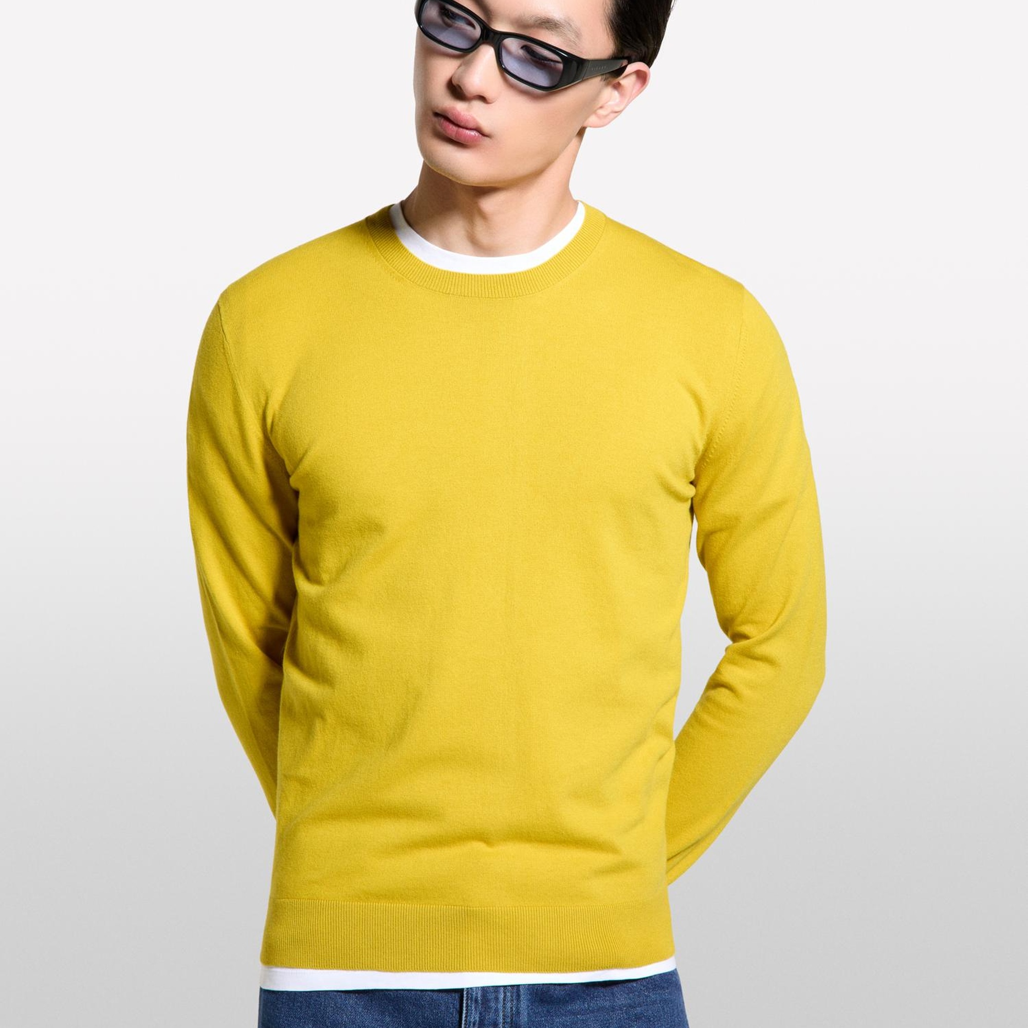 Erkek Hardal Sarı Pamuk Karışımlı Normal Kesim Uzun Kollu Ribanalı Kazak