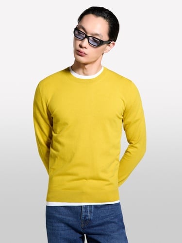  Erkek Hardal Sarı Pamuk Karışımlı Normal Kesim Uzun Kollu Ribanalı Kazak