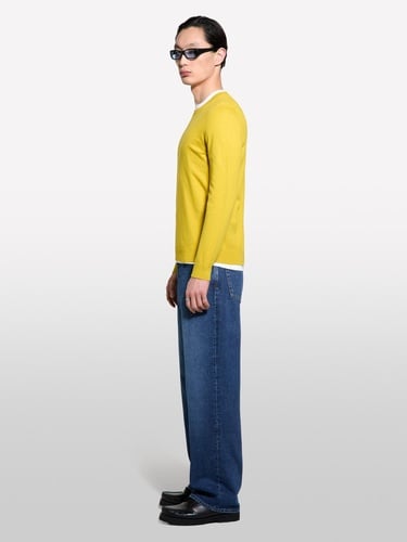  Erkek Hardal Sarı Pamuk Karışımlı Normal Kesim Uzun Kollu Ribanalı Kazak