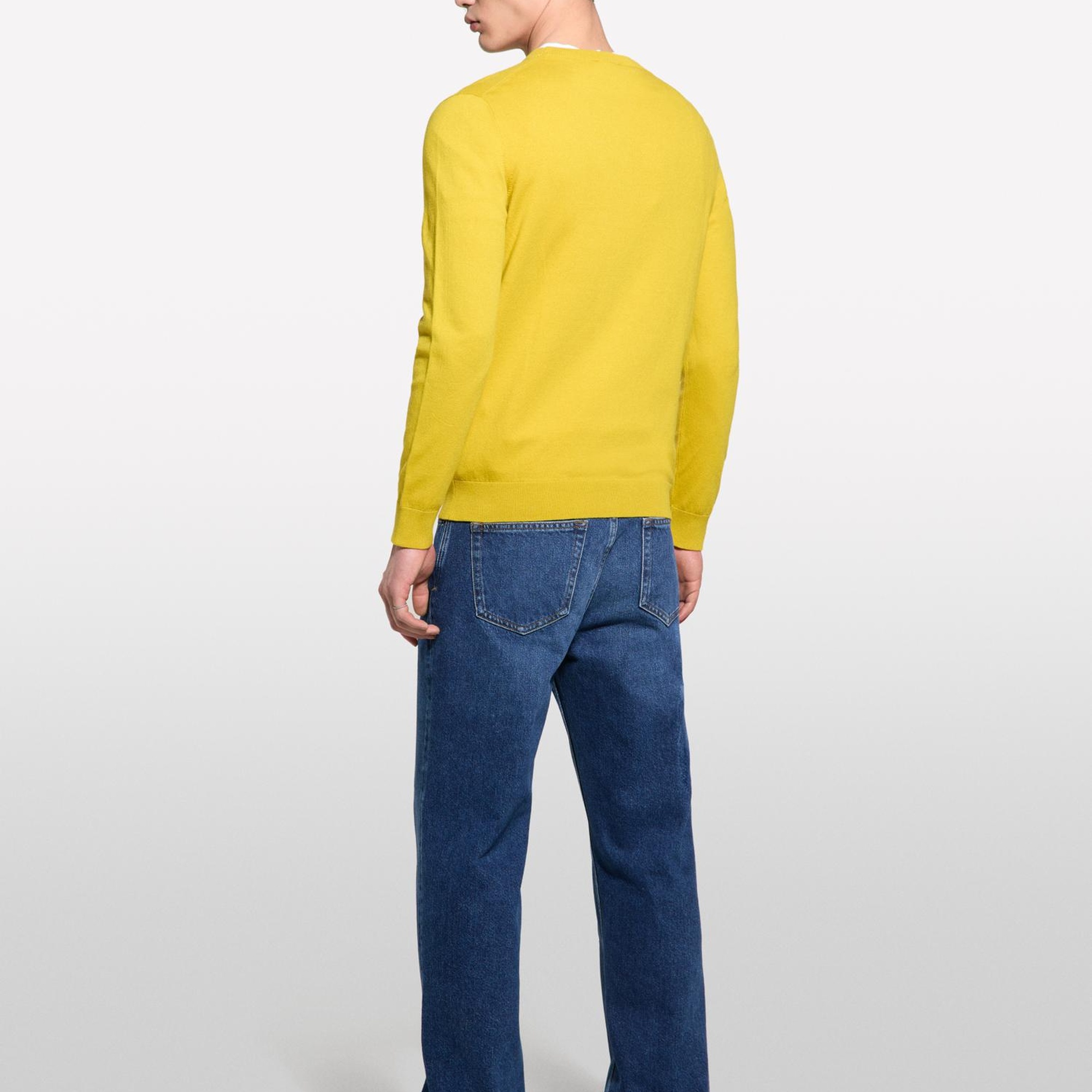 Erkek Hardal Sarı Pamuk Karışımlı Normal Kesim Uzun Kollu Ribanalı Kazak