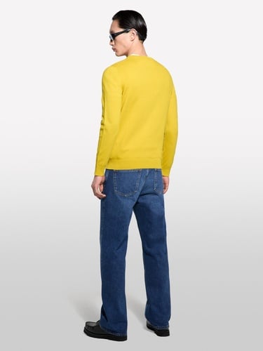  Erkek Hardal Sarı Pamuk Karışımlı Normal Kesim Uzun Kollu Ribanalı Kazak