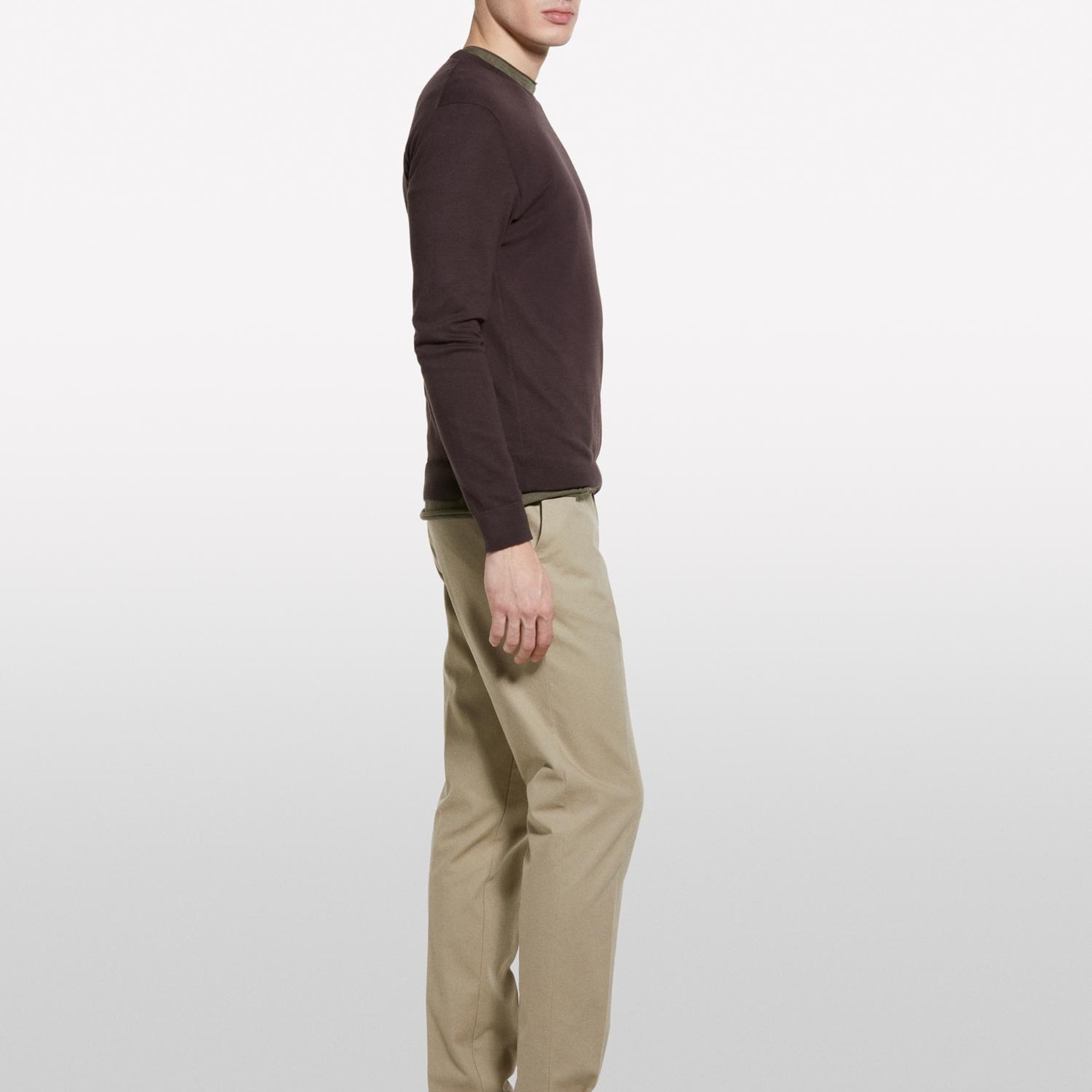 Erkek Koyu kahverengi Pamuk Karışımlı Normal Kesim Uzun Kollu Ribanalı Kazak