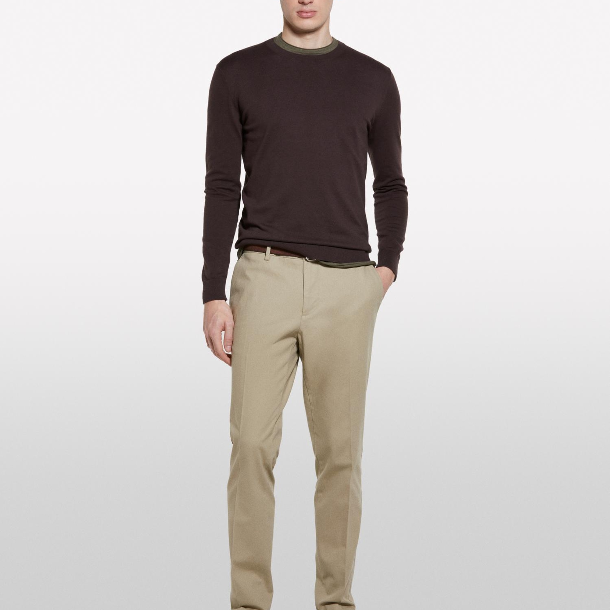 Erkek Koyu kahverengi Pamuk Karışımlı Normal Kesim Uzun Kollu Ribanalı Kazak