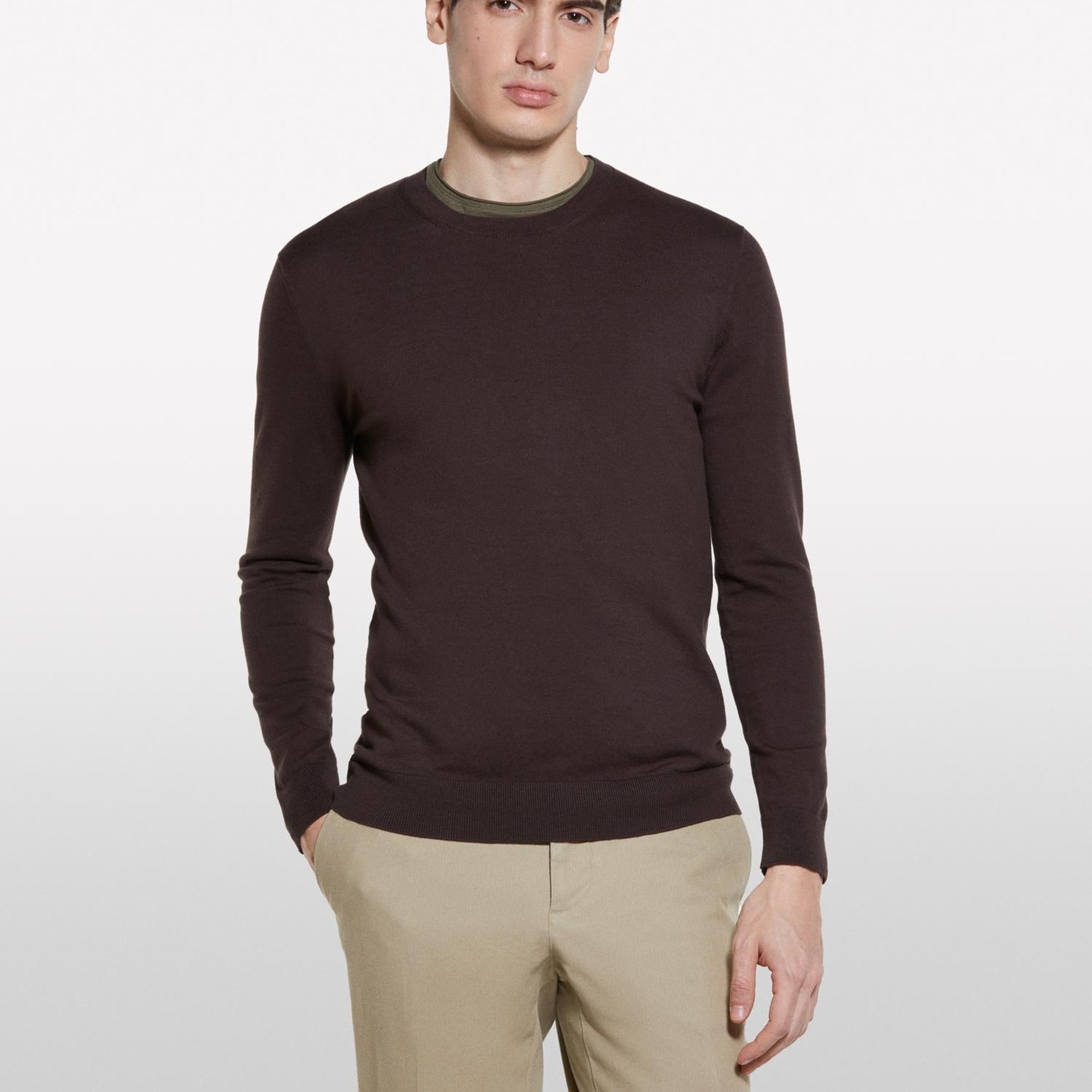 Erkek Koyu kahverengi Pamuk Karışımlı Normal Kesim Uzun Kollu Ribanalı Kazak