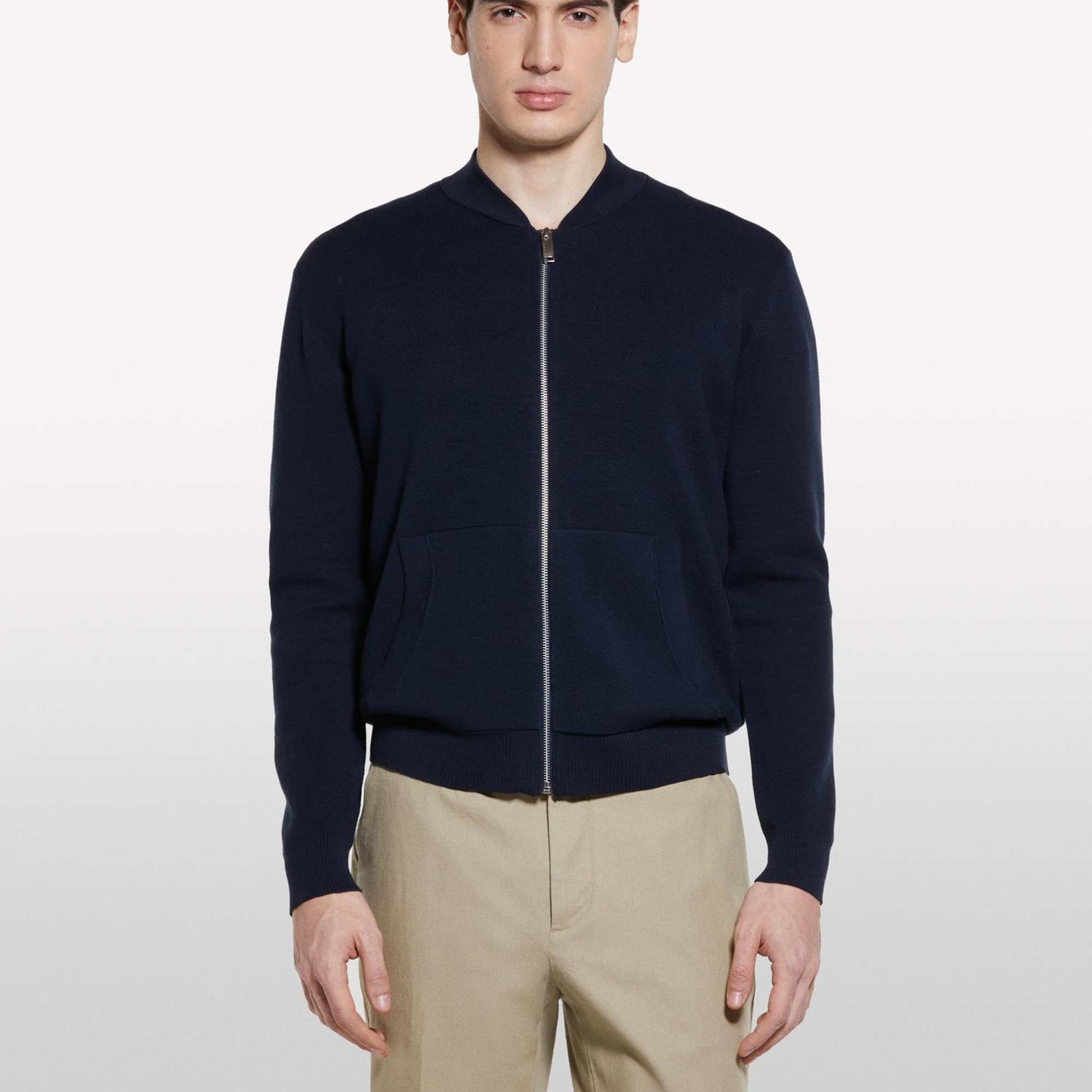 Erkek Koyu Lacivert Pamuk Karışımlı Fermuarlı Bomber Hırka