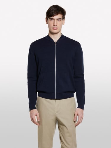  Erkek Koyu Lacivert Pamuk Karışımlı Fermuarlı Bomber Hırka