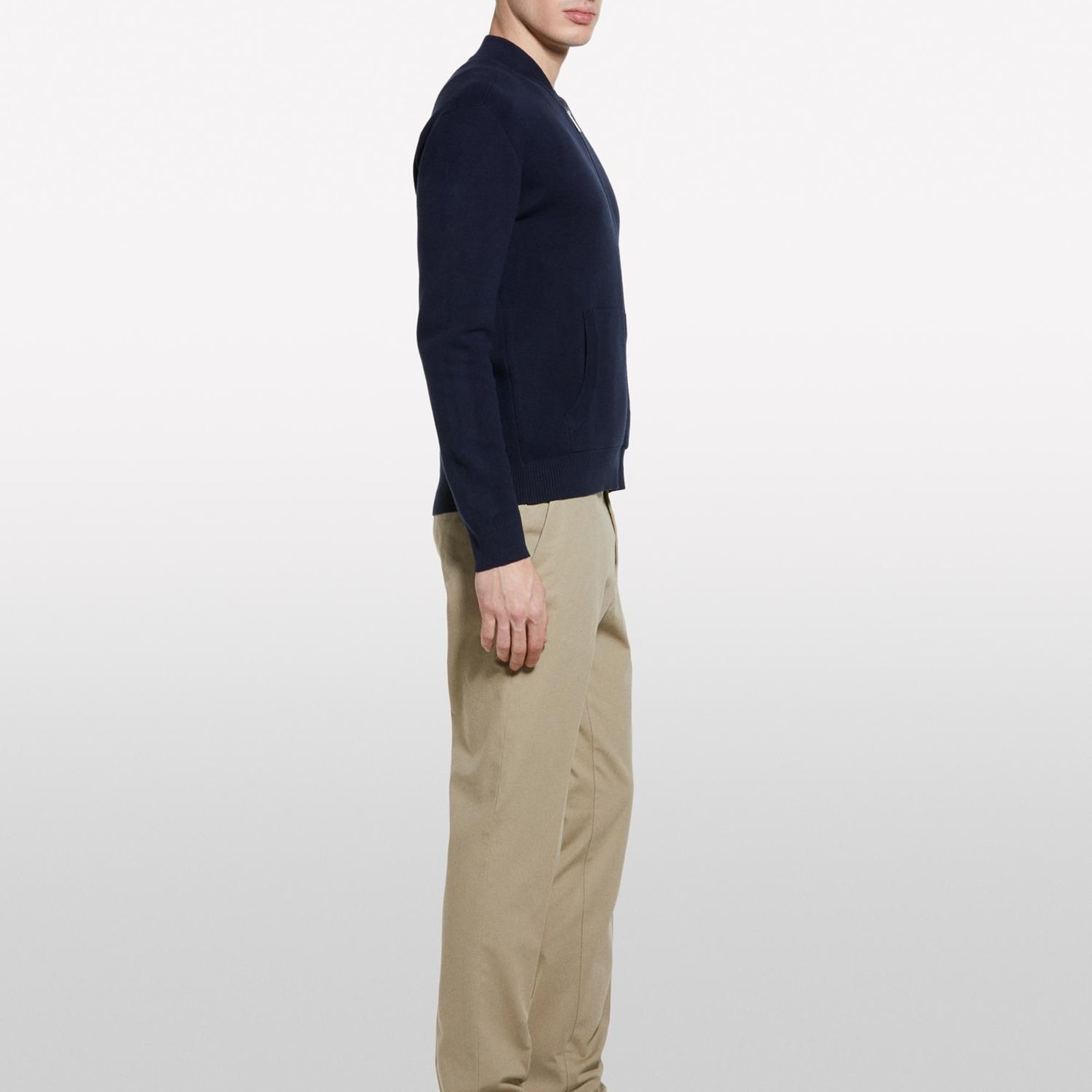 Erkek Koyu Lacivert Pamuk Karışımlı Fermuarlı Bomber Hırka