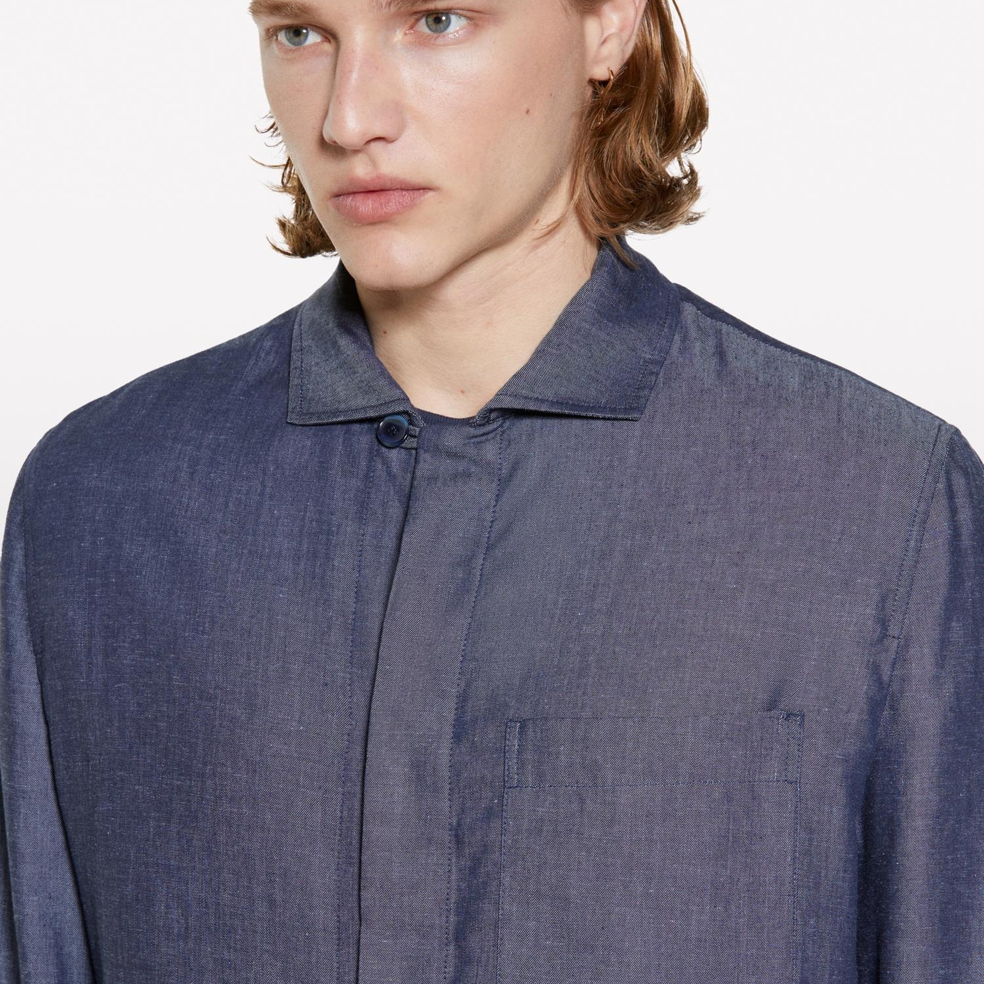 Erkek İndigo Keten Karışımlı Gizli Düğmeli Astarsız Ceket