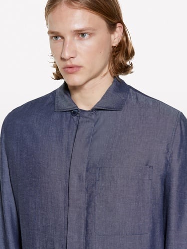  Erkek İndigo Keten Karışımlı Gizli Düğmeli Astarsız Ceket