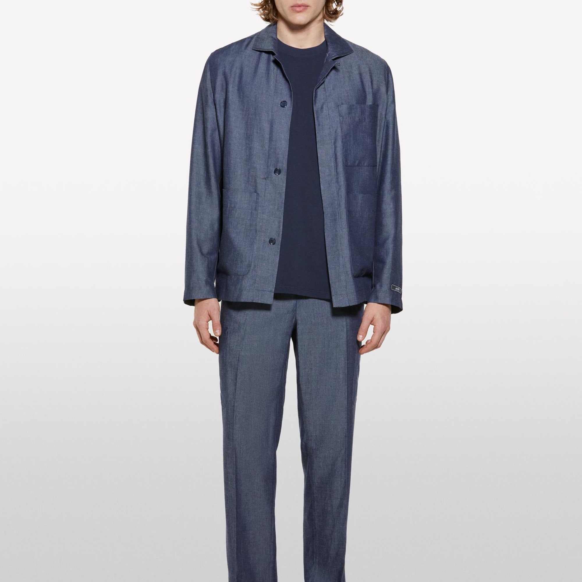 Erkek İndigo Keten Karışımlı Gizli Düğmeli Astarsız Ceket