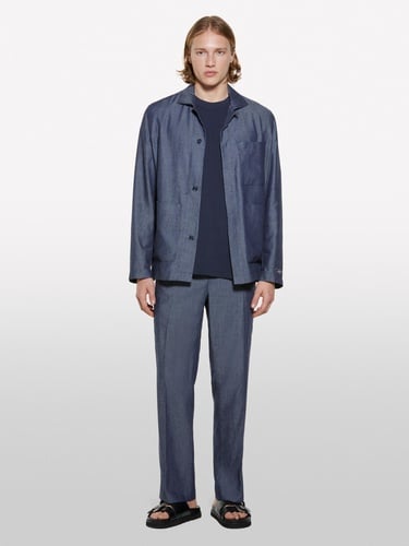  Erkek İndigo Keten Karışımlı Gizli Düğmeli Astarsız Ceket