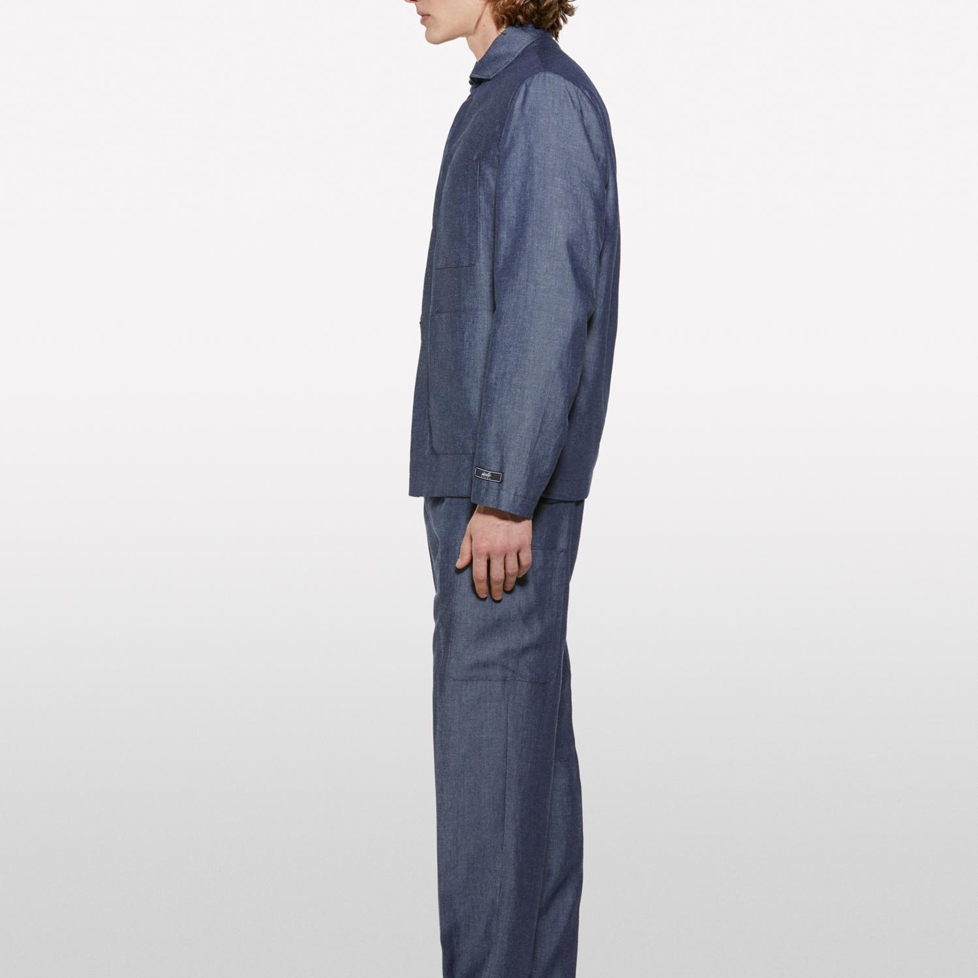 Erkek İndigo Keten Karışımlı Gizli Düğmeli Astarsız Ceket