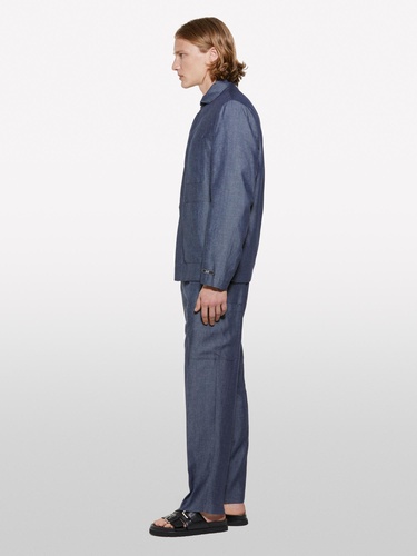  Erkek İndigo Keten Karışımlı Gizli Düğmeli Astarsız Ceket