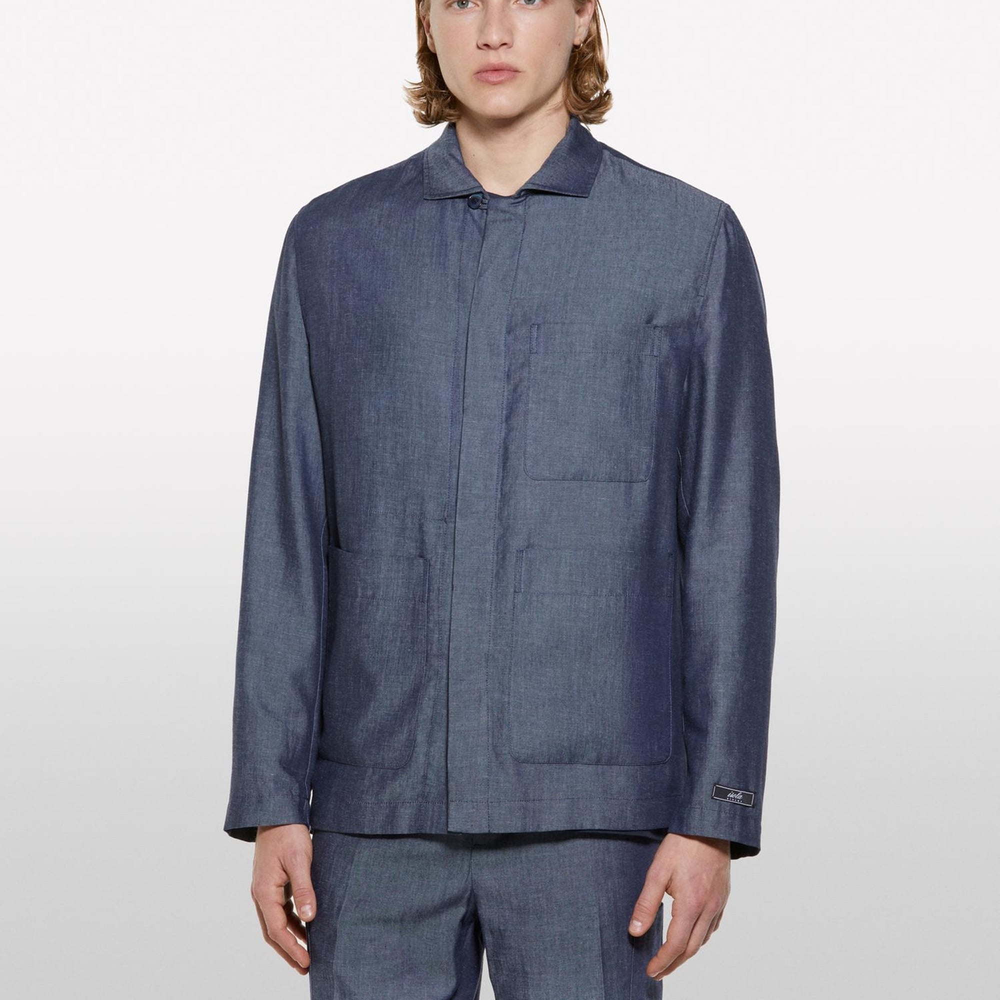 Erkek İndigo Keten Karışımlı Gizli Düğmeli Astarsız Ceket