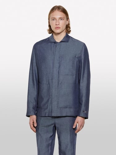  Erkek İndigo Keten Karışımlı Gizli Düğmeli Astarsız Ceket