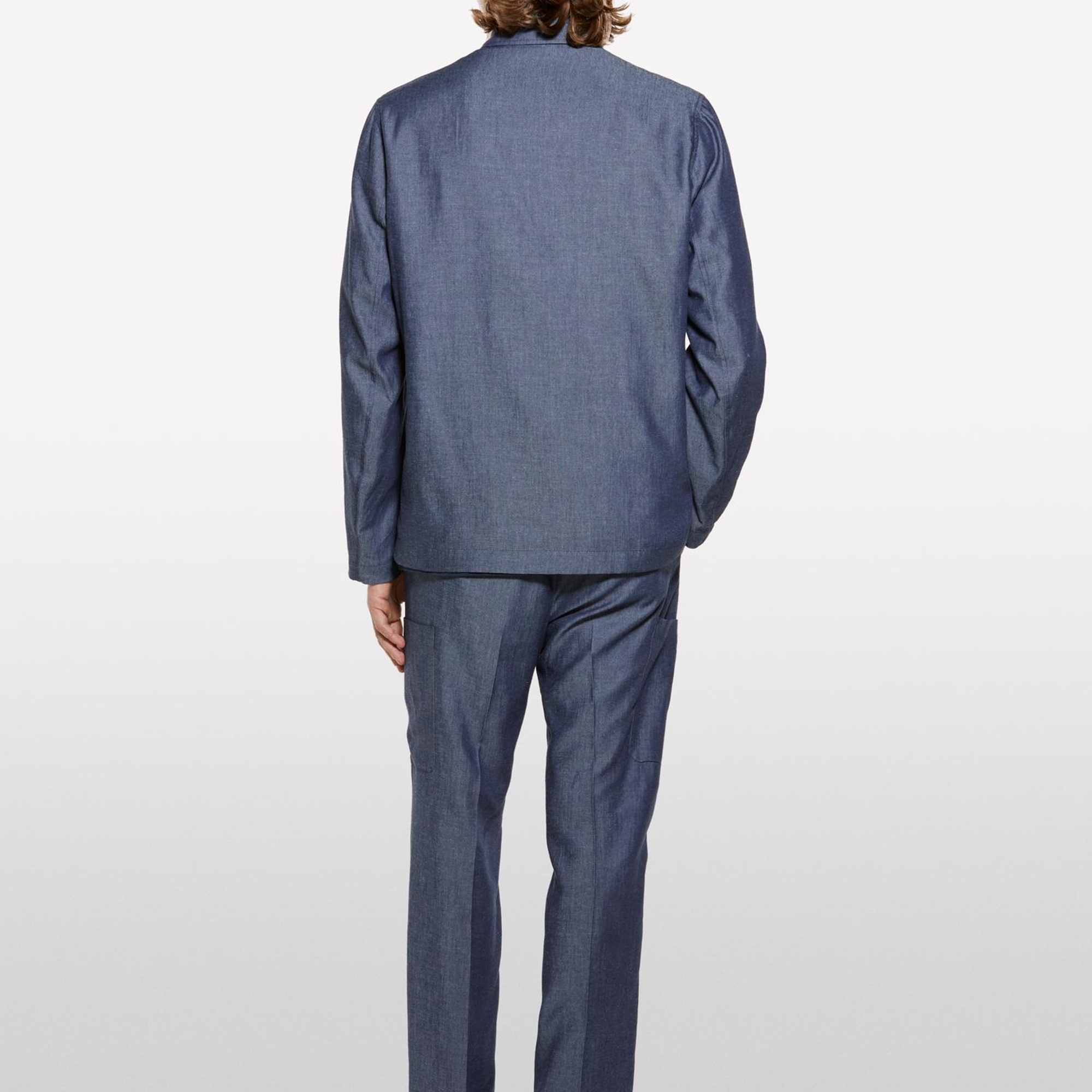 Erkek İndigo Keten Karışımlı Gizli Düğmeli Astarsız Ceket